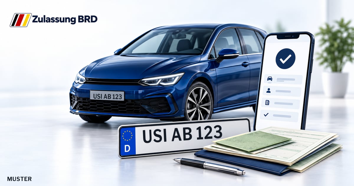 Online Fahrzeugzulassung in Usingen: Musterkennzeichen USI AB 123, Auto und Fahrzeugpapiere und Smartphone. Illustration mit Logo von Zulassung BRD.